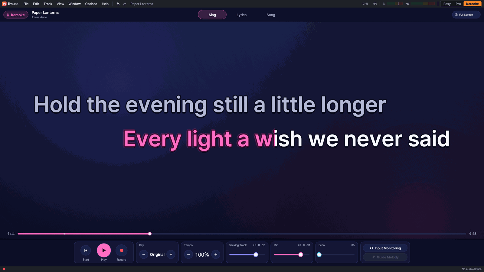 Karaoke mode with the current line filling in time with the song, plus key, tempo and echo controls