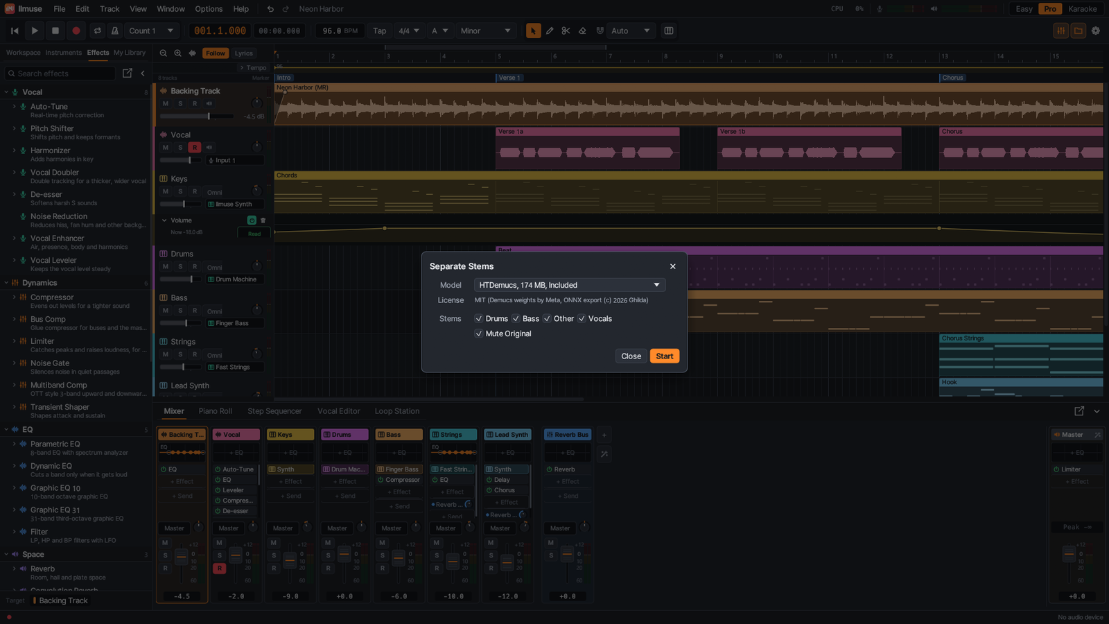 The Separate Stems dialog with the built-in HTDemucs model and its four stems