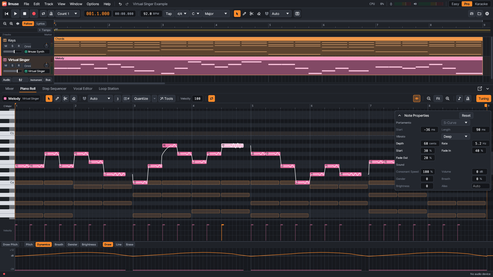 Virtual singer tuning with a drawn pitch scoop, deep vibrato in Note Properties and a dynamics lane